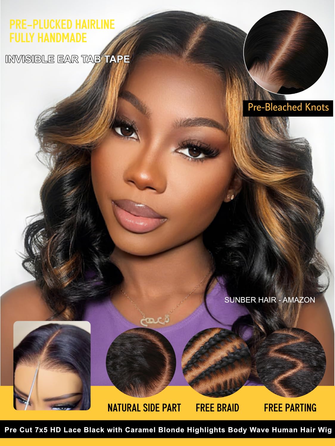 Sunber Bye Bye Knots 7x5 Lace Black with Caramel Blonde Highlights Body Wave Glueless Wigs Pre Everything Pre Cut 7x5 Lace Front Pre Plucked Pre Bleached Knots 150% Density 14Inch Put On and Go Wig
