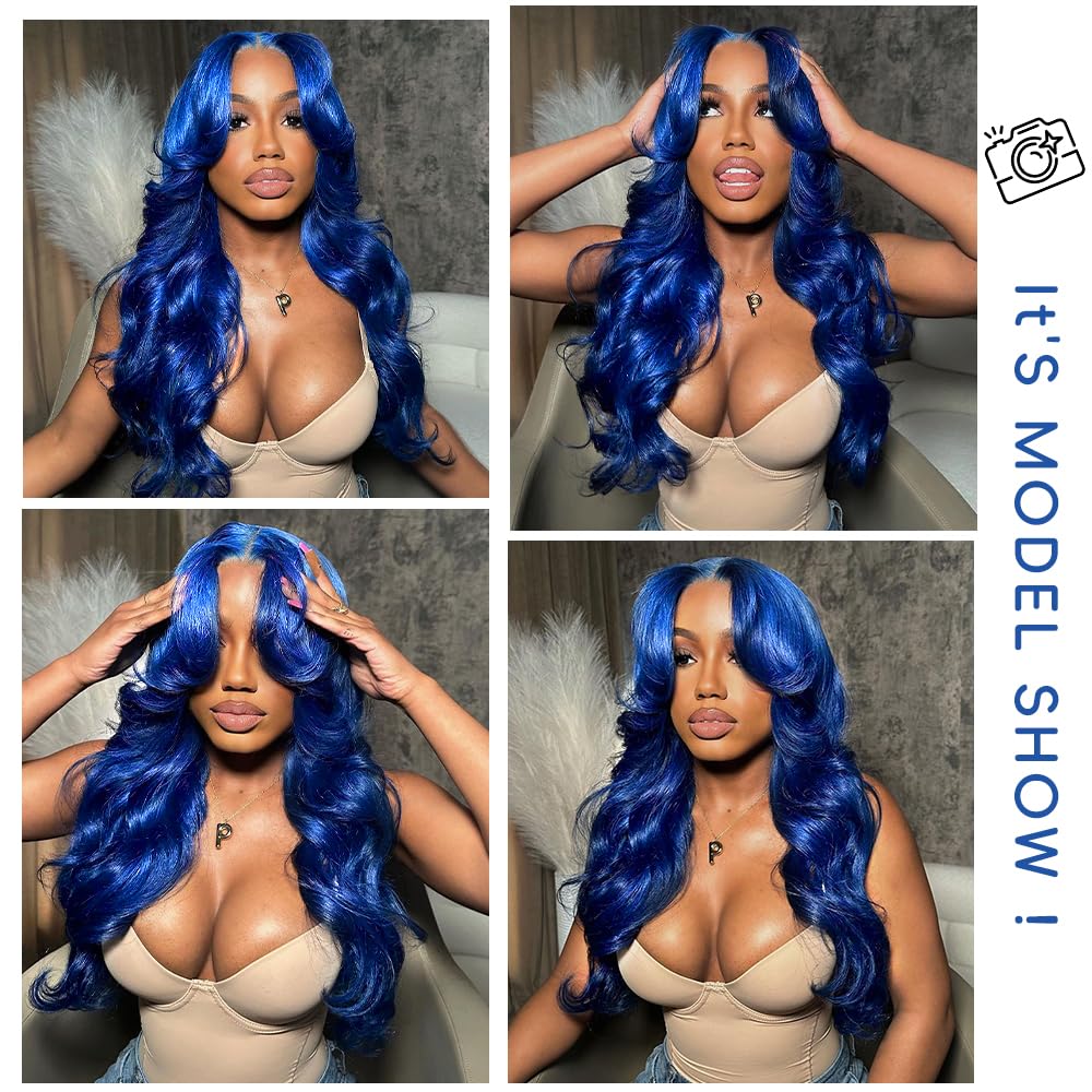 Blue Lace Front Wig Human Hair Pre Plucked 13x4 Blue Wig Human Hair Body Wave Lace Front Wigs Human Hair 200 Density Lace Frontal Wig Glueless Dark Blue Wig 28 Inch