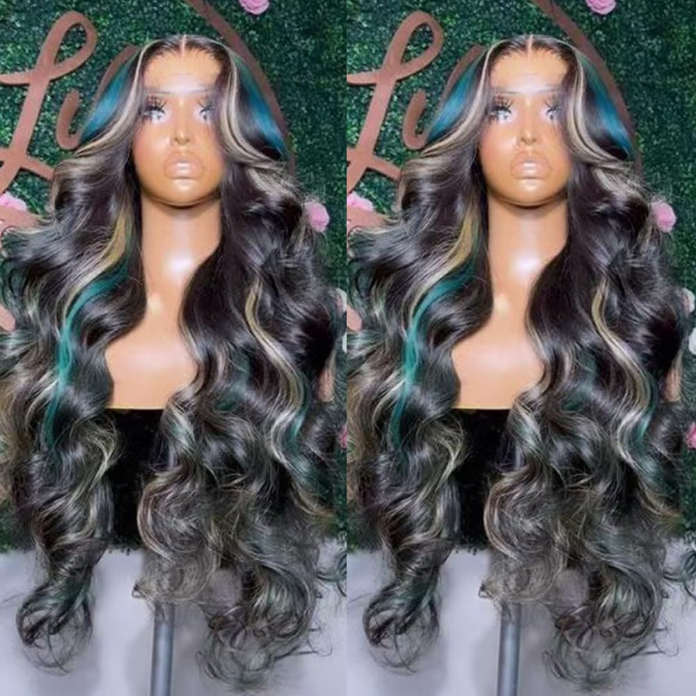 SISIFIRE Blue Blonde Highlight Lace Front Wigs for Women Pre-plucked Hairline Glueless 13X4 Inch Synthetic Lace Front Wig with Baby Hair Long Deep Wavy Wigs