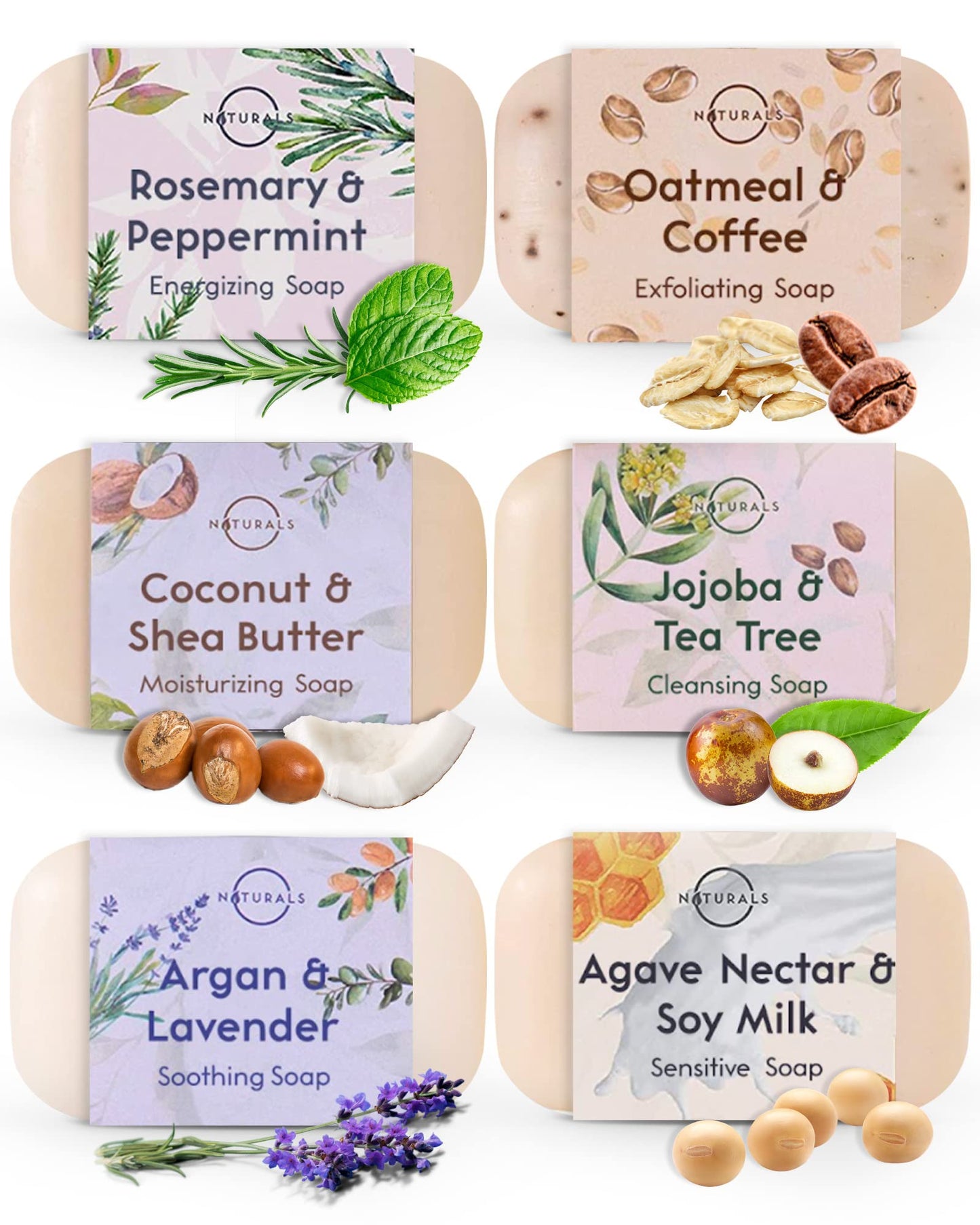 O NATURALS 100% Natural Bar Soap - Gift Set - Organic Ingredients & Essential Oils - Spa Gifts for Women & Men, Body Wash & Face Soap - 6PC Natural Collection