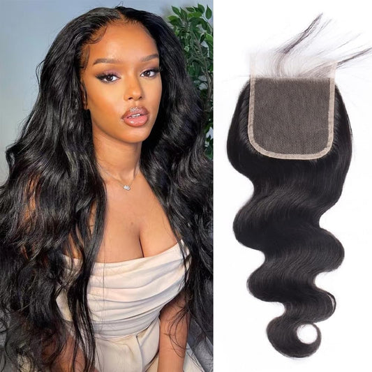 4x4 Lace Closure Body Wave Lace Closure Human Hair 14 Inch Free Part Lace Closure 100% Unprocessed Brazilian Virgin Human Hair Extensions 150% Density Remy Human Hair Pre Plucked Natural Black