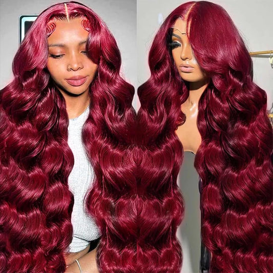 Burgundy Lace Front Wigs Human Hair Pre Plucked 200% Density Burgundy Wig Human Hair Body Wave 99j Human Hair Lace Front Wigs Burgundy Frontal Wig 13x4 Glueless Wigs Human Hair 32 Inch