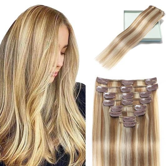 LORIEN Clip in Hair Extensions Real Human Hair, Remy Human Hair Extensions Clip ins for Women, 100% Natural Human Hair, Double Weftm, 22inch 110g 8Pcs, #16/22 Light Blonde to Golden Blonde