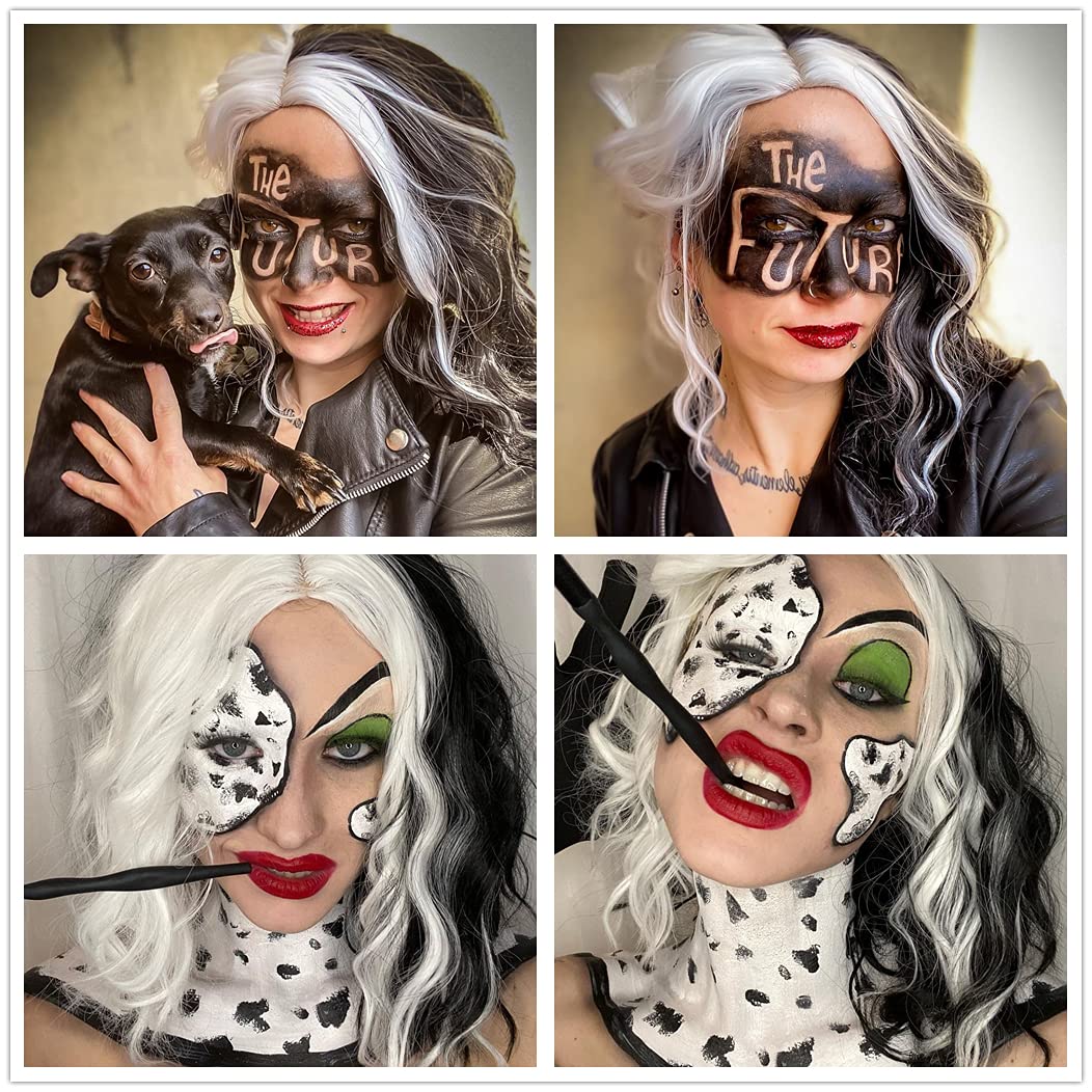 Ruina Half Black White Cruella Deville Wig for Cruella Deville Costume Women Girls Cruella Costume Curly Wavy Wigs for Party Halloween Costume R019BW