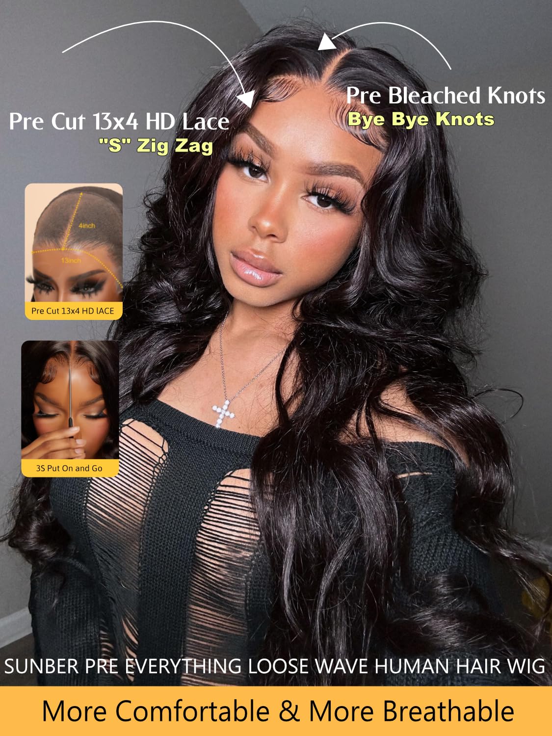 Sunber 13x4 HD Lace Loose Wave Human Hair with Drawstring Wig Upgrade 3D Cap Bye Bye Knots Pre Cut13X4 Lace Front Put On and Go 3S Wear Glueless Wigs Pre Plucked Pre Bleached Invisible Knots 26Inch