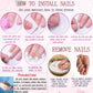 RUOKEXIN Short Square Press on Nails French Tip With Rhinestones - Pink False Nails, Sparkly Glue on, Handmade Artificial, Cute Stick on for Women