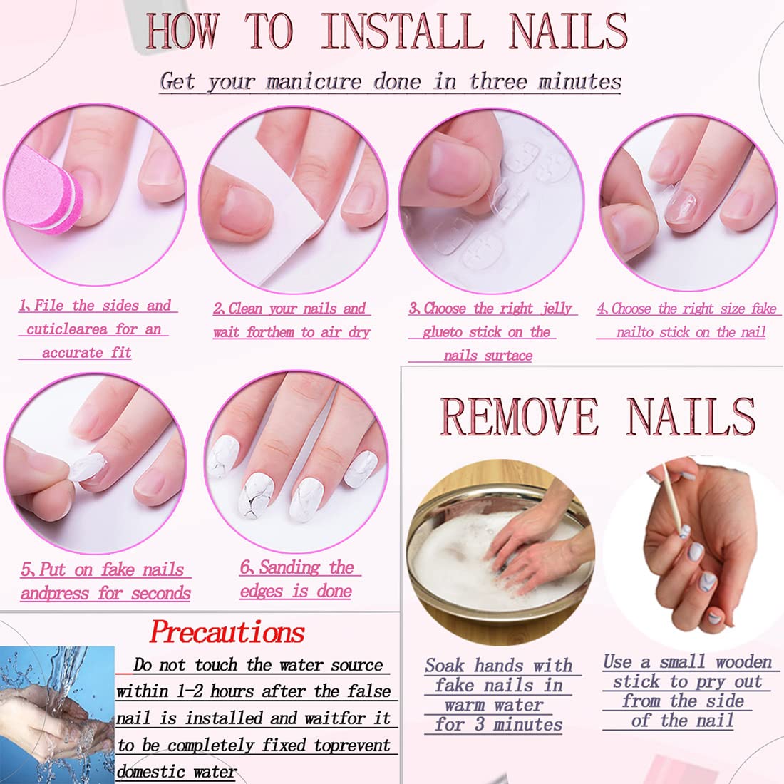 RUOKEXIN Short Square Press on Nails French Tip With Rhinestones - Pink False Nails, Sparkly Glue on, Handmade Artificial, Cute Stick on for Women