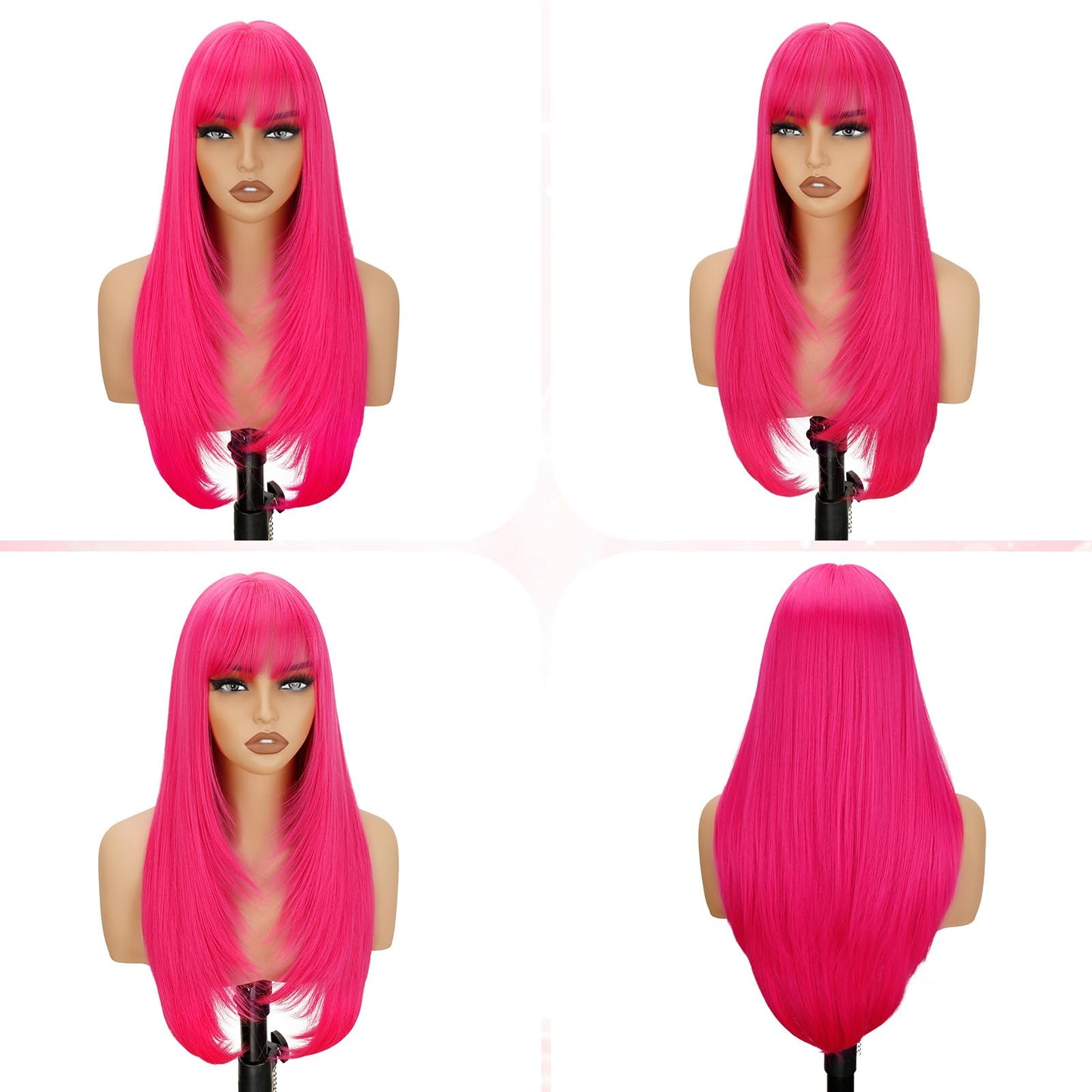NOVFLKW Hot Pink Long Straight Layered Wig with Bangs for Women 26 inch Put on Go Realistic Synthetic Fiber Heat Resistant Natural Wig for Girls Party Cosplay and Daily Use