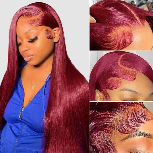 ROLKISA 99j Burgundy Lace Front Wigs Human Hair 26Inch 13x6 HD Transparent Lace Straight Red Wig Human Hair Colored Reddish Brown Lace Frontal Wigs Human Hair 180% Density Pre Plucked With Baby Hair
