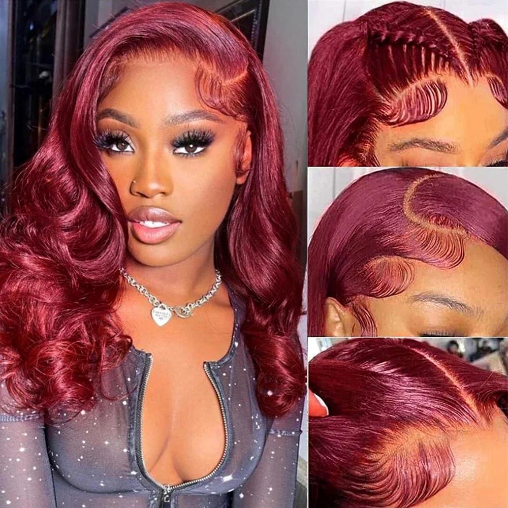 FASCARA 99J Burgundy Body Wave Wig 13x4 HD Transparent Lace Front 180% Density Human Hair Wig with Baby Hair for Black Women 12 Inch
