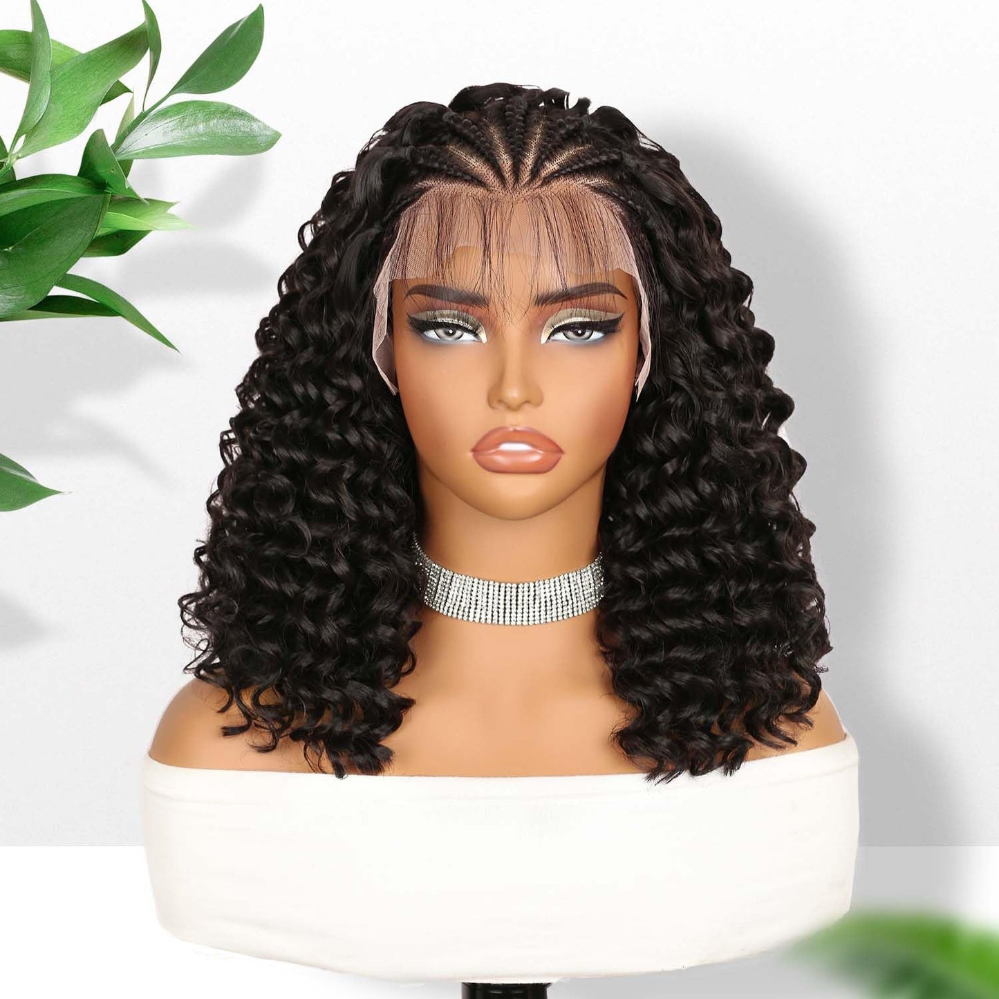 Fancy Hair Braided Wig for Black Women Cornrow with Curly Hair Wig HD Lace Front Wig with Baby Hair Pre Plucked Glueless Transparent 13x4 Inch Lace Frontal Wig (2#)