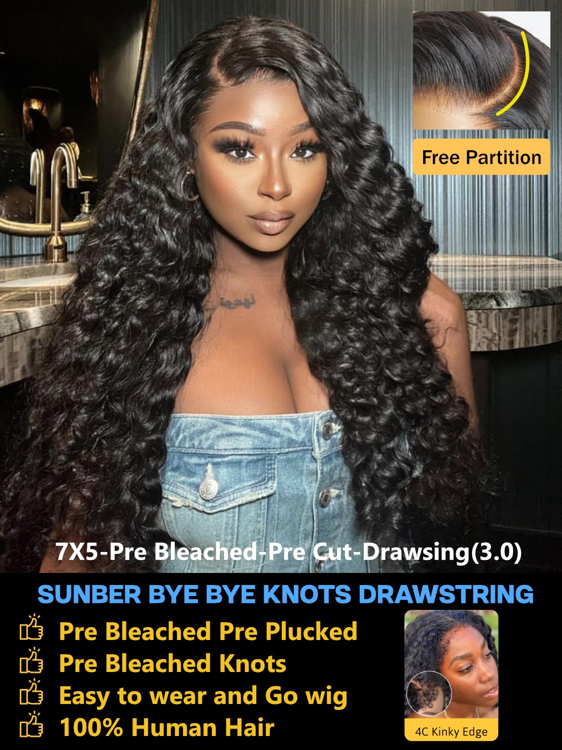 Sunber 4C Kinky Edges Water Wave Human Hair Wigs with Drawstring Bye Bye Knots Pre Cut 7x5 HD Lace Front Water Wave Glueless Wigs Put On and Go Pre Bleached Knots 180% Density 14Inch Beginner friendly