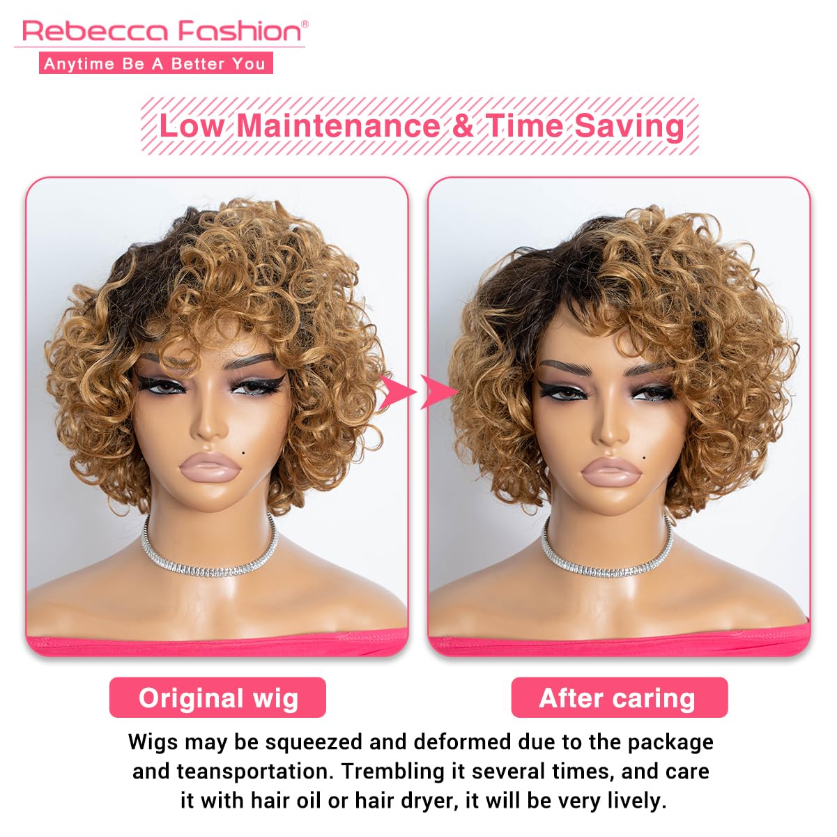 Rebecca Fashion Short Curly Human Hair Wigs for Black Women Cute Curly Bob Wig Side Part Brazilian Remy Non Lace Glueless Wigs Natural Looking Ombre Dark Brown to Honey Blonde Color
