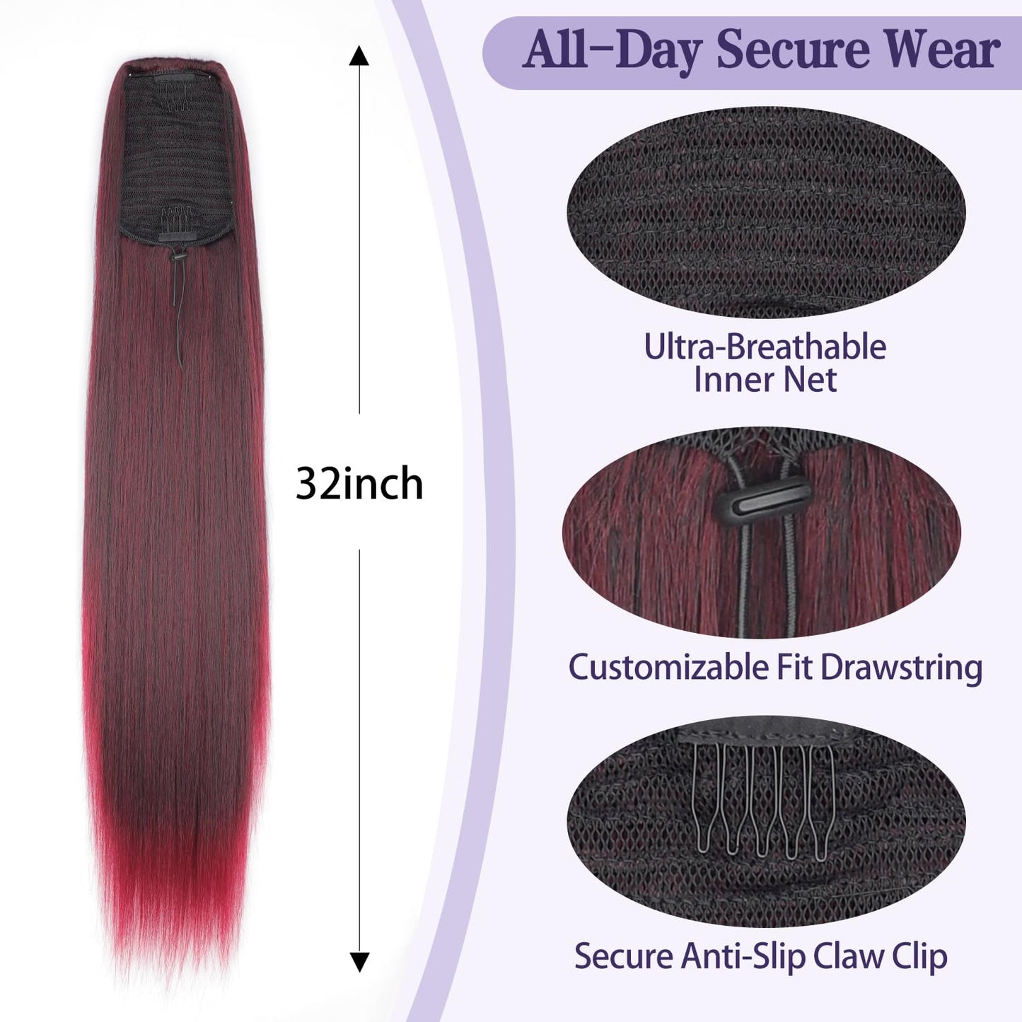 ORSUNCER Drawstring Ponytail Extension, Long Straight Pony Tails Hair Extensions Natural Soft Clip in Ponytail for Women Synthetic Hairpieces Omber Burgundy