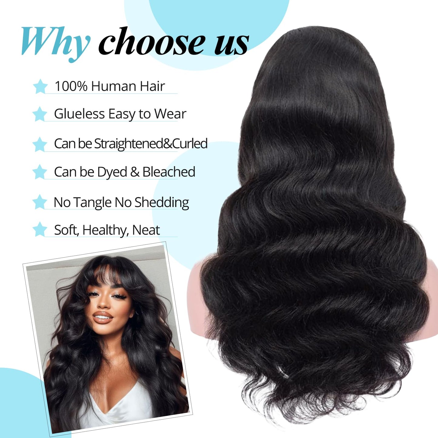 Lativ Body Wave Human Hair Wig with Bangs None Lace Front Wigs for Black Women with Gifts Box 150% Density Brazilian Virgin Hair Glueless Wigs Human Hair (20 Inch, Natural Color)