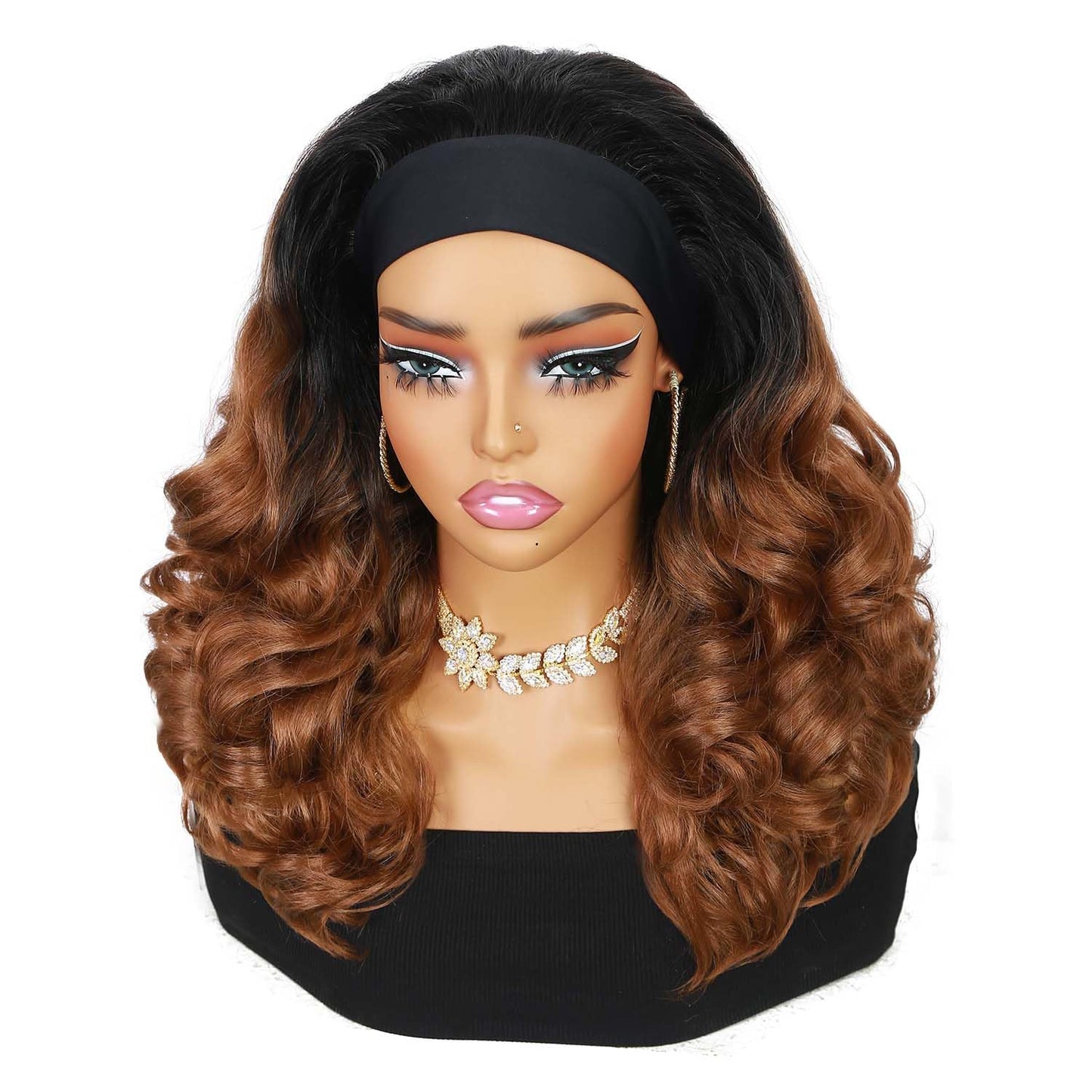 Quantum Love Yaki Curly Headband Wigs for Black Women Kinky Straight Ombre Brown Headband Curly Ends Synthetic Wear and Go Glueless half Wig with Headbands Attached