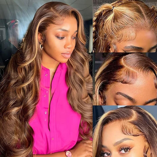 Yeeaak 32Inch Highlight Ombre Lace Front Wigs Human Hair 13x6 4/27 Highligt Body Wave Frontal Wig HD Transparent Lace Pre Plucked with Baby Hair 180% Density Glueless Honey Blonde Wig for Women