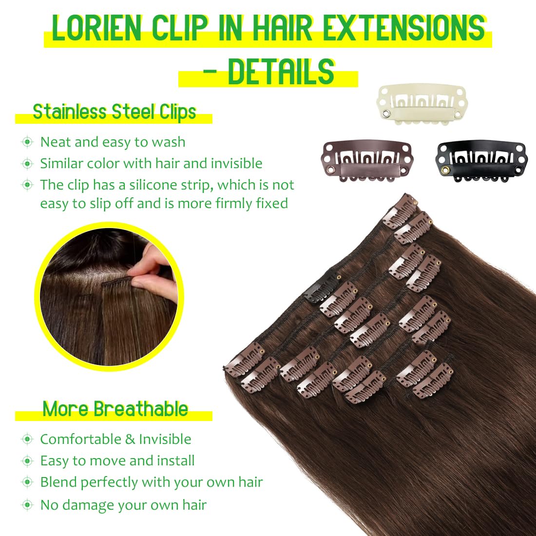 LORIEN Clip in Hair Extensions Real Human Hair, 24 Inch 120g, 4 Dark Brown, Clip in 100% Brazilian Remy Human Hair Extensions 8pcs Per Set with 18 Clips Double Weft