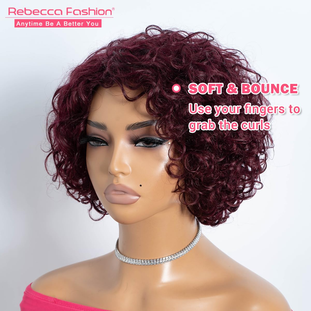 Rebecca Fashion 99J Burgundy Short Curly Human Hair Wigs for Black Women Cute Curly Bob Wig Side Part Non Lace Glueless Wigs Brazilian Remy Natural Looking