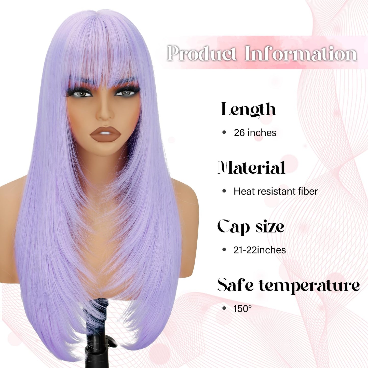 NOVFLKW Light Purple Long Straight Layered Wig with Bangs for Women 26 inch Put on Go Realistic Synthetic Fiber Heat Resistant Natural Wig for Girls Party Cosplay and Daily Use