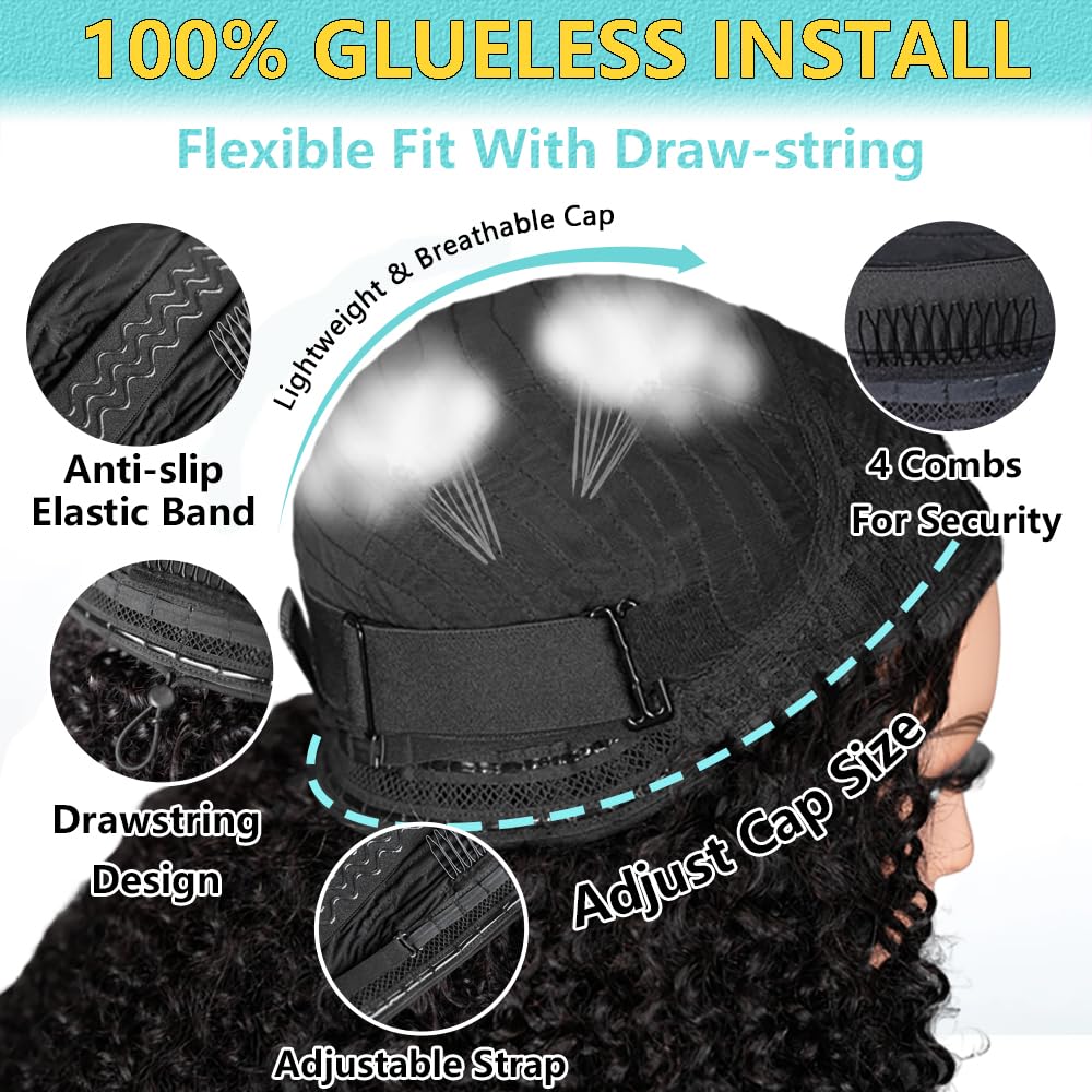 VFFTI Kinky Curly Half Wig Human Hair 200% Density Wear Go Glueless Wigs 3 In 1 Seamless Flip Wig 20 Inch Half Wigs for Black Women Invisible Hairline Beginner Friendly