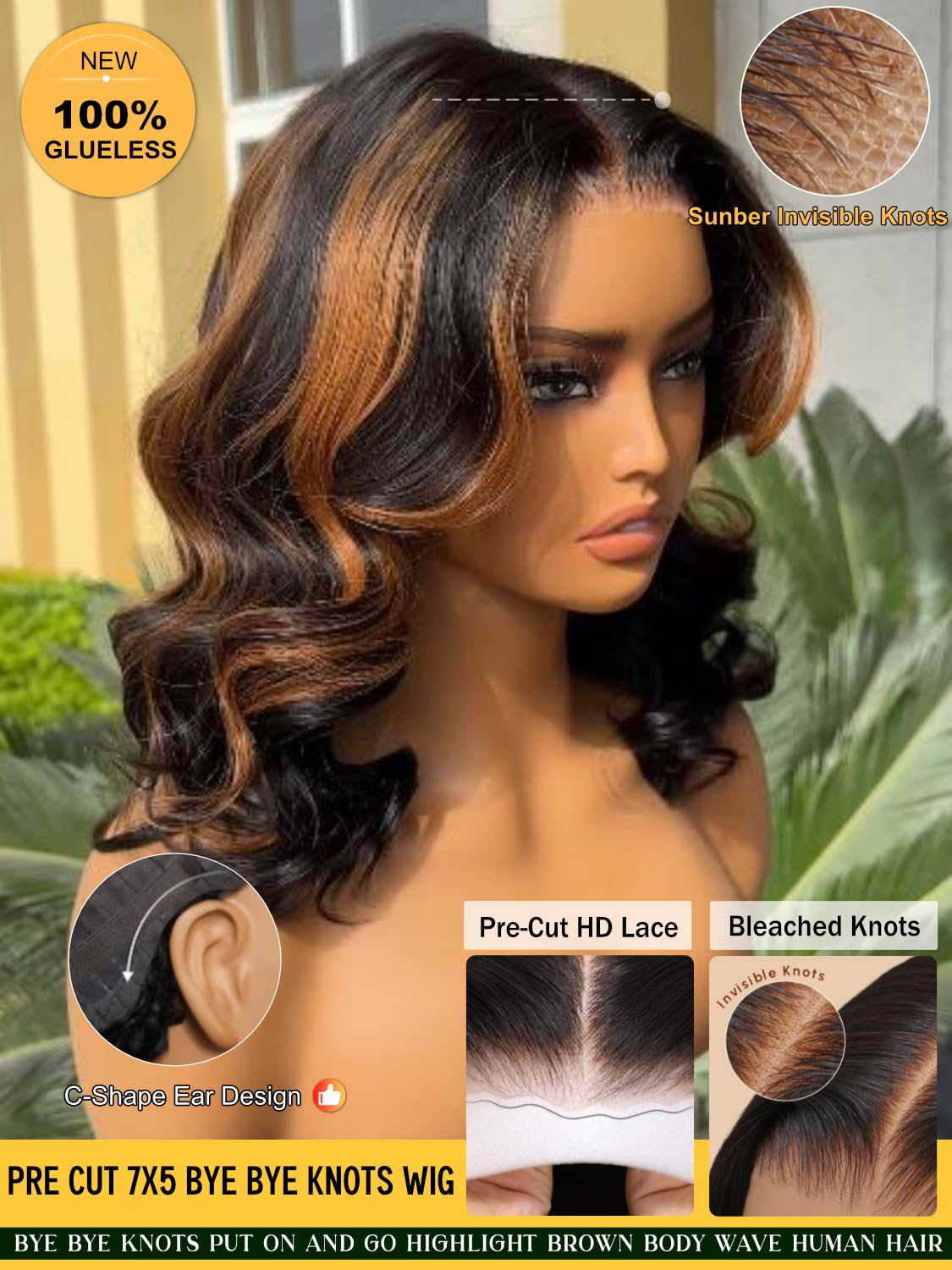 Sunber Bye Bye Knots 7x5 Lace Black with Caramel Blonde Highlights Body Wave Glueless Wigs Pre Everything Pre Cut 7x5 Lace Front Pre Plucked Pre Bleached Knots 150% Density 20Inch Put On and Go Wig