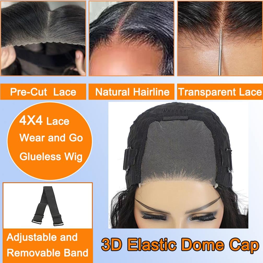 WPPIKK Wear and Go Glueless Wigs Human Hair Pre Plucked Pre Cut Brazilian Deep Wave Lace Front Wigs Human Hair 4x4 Lace Closure Wig for 4x4 Lace Black Color Women Glueless (30 Inch)