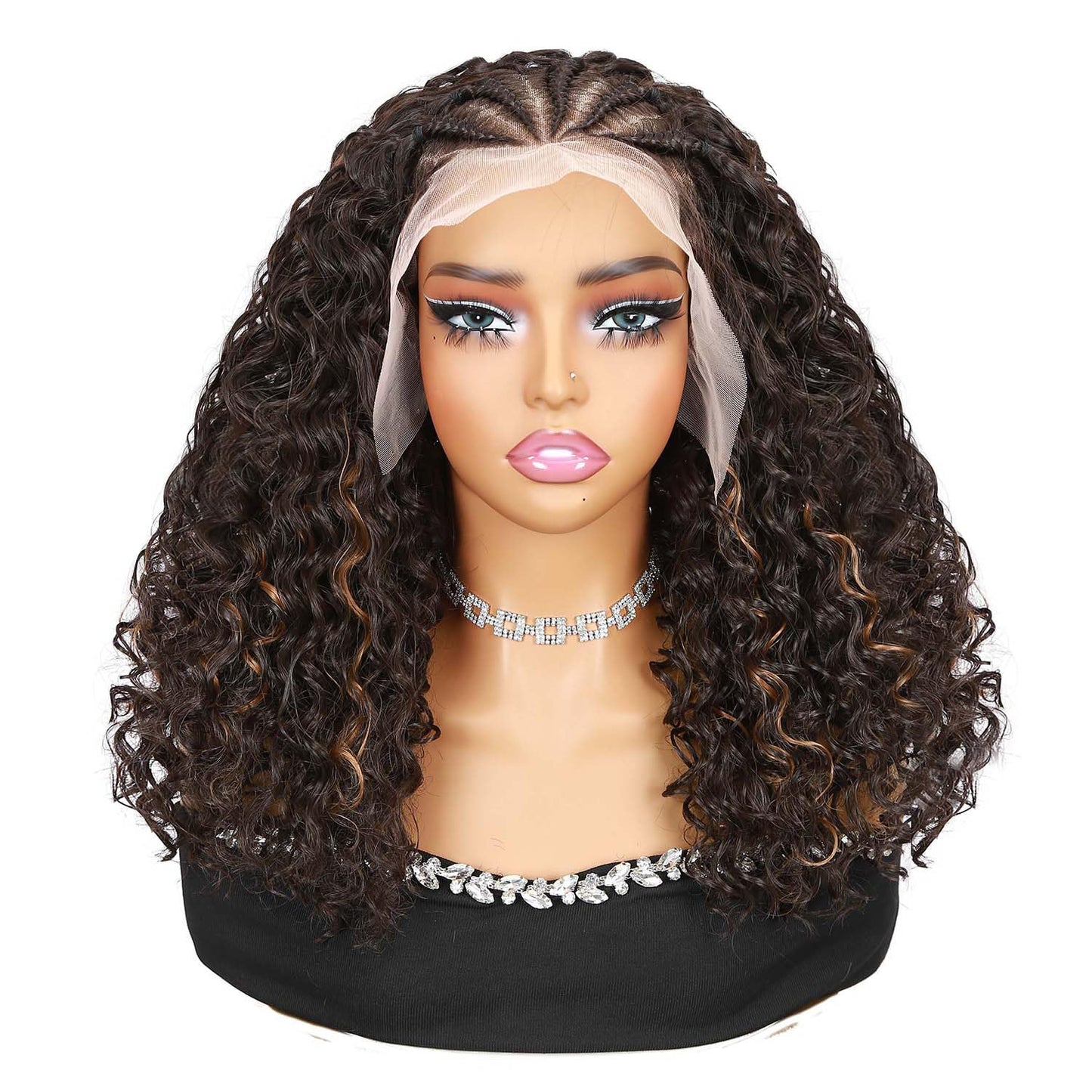 Quantum Love Braided Wigs for Black Women Braids Cornrows Lace Curly Wigs 16 Inch Fully Lace Frontal Braided Curly Bob Mix Brown Synthetic Glueless Wigs