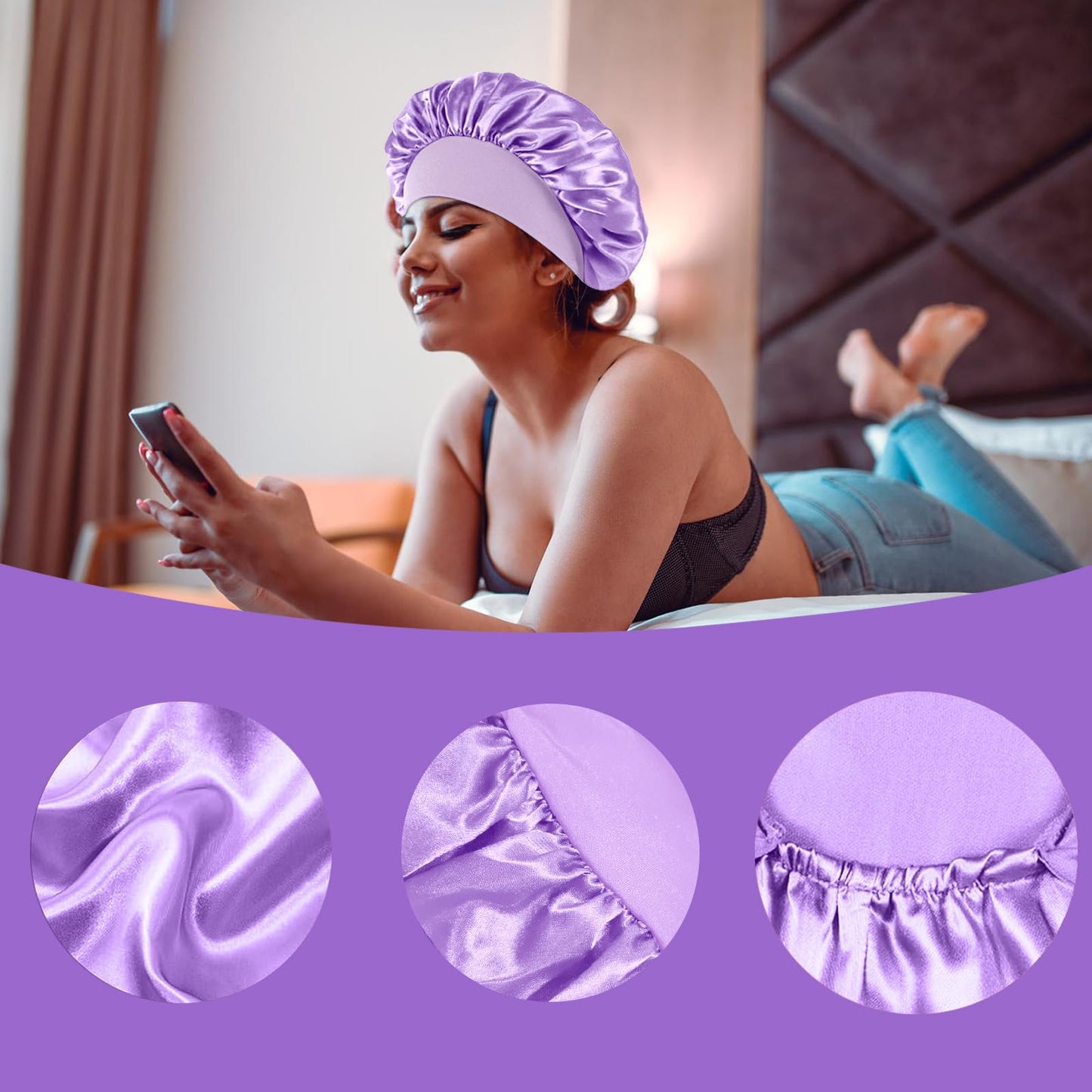 4PCS Silk Bonnet for Sleeping - Satin Bonnets for Black Women & Men, Elastic Wide Band Hair Wrap Cap for Curly Hair, Shower Cap (Black, Sapphire Blue, Pink, Purple)
