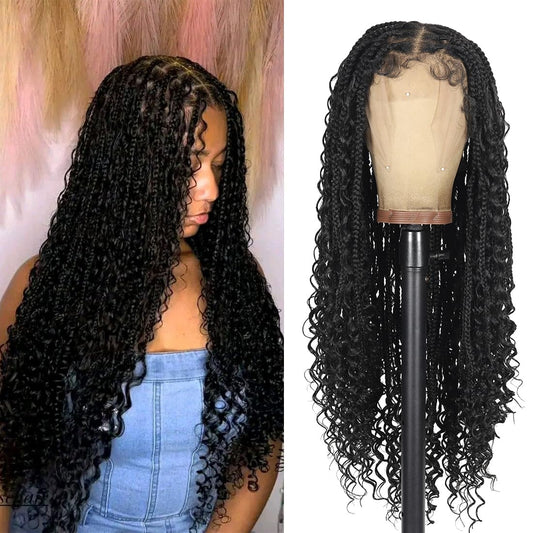 28 Inch Lace Front Braided Wigs for Black Women Knotless Braids Wigs Bohemian Boho Braids Goddess Box Braided Wig with Baby Hair (Black, 28 inch)