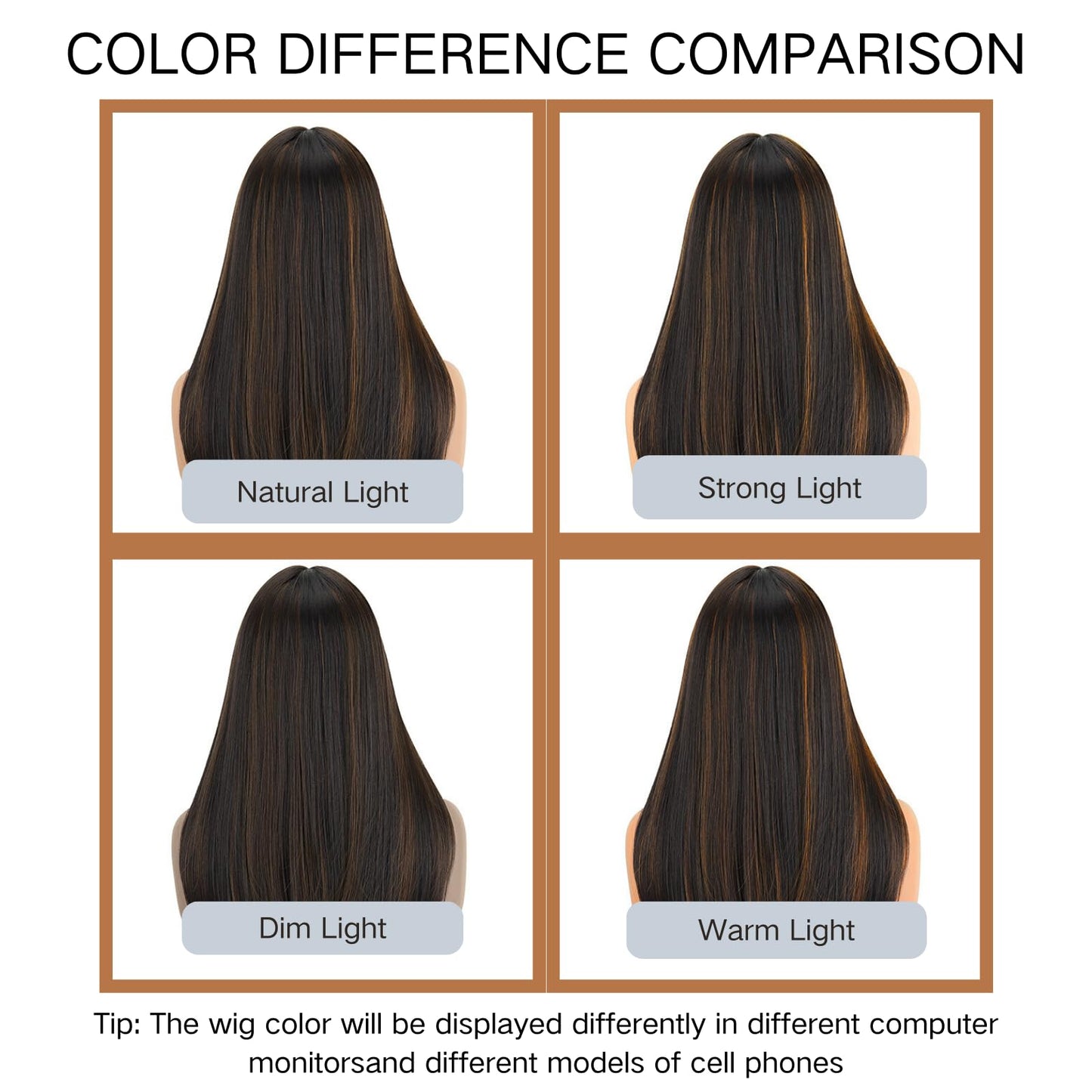 NOVFLKW Highlight Long Straight Layered Wig with Bangs for Women 26 inch Highlight Brown Put on Go Realistic Synthetic Heat Resistant Natural Wig for Girls Party Cosplay and Daily Use
