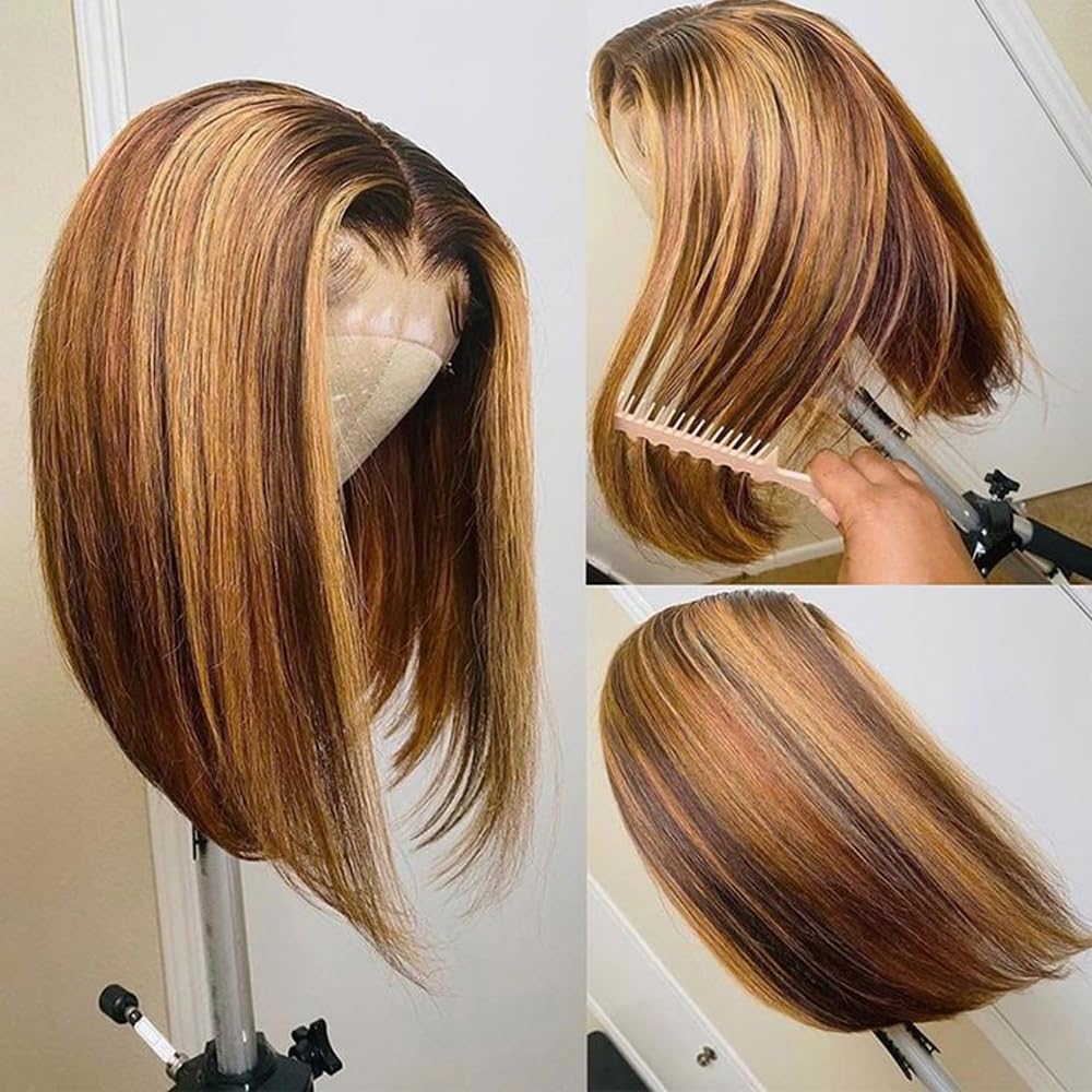 Brazilian Hair Highlight Ombre Bob Wig Human Hair 13x4 HD Transparent Lace Frontal Wig Pre Plucked with Baby Hair 180% Density Lace Front Wigs P4/27 Honey Blonde Bob Wigs for Black Women 10 Inch