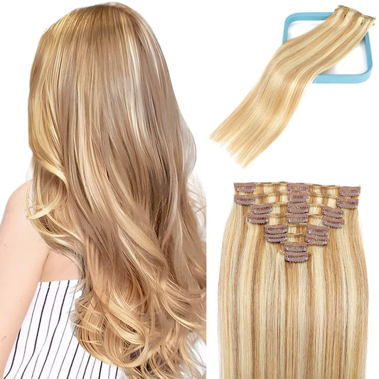 LORIEN Clip in Hair Extensions Real Human Hair, 24 Inch 120g, 18/613 Dark Blonde Highlighted Bleach Blonde, Clip in 100% Brazilian Remy Human Hair Extensions 8pcs Per Set with 18 Clips Double Weft