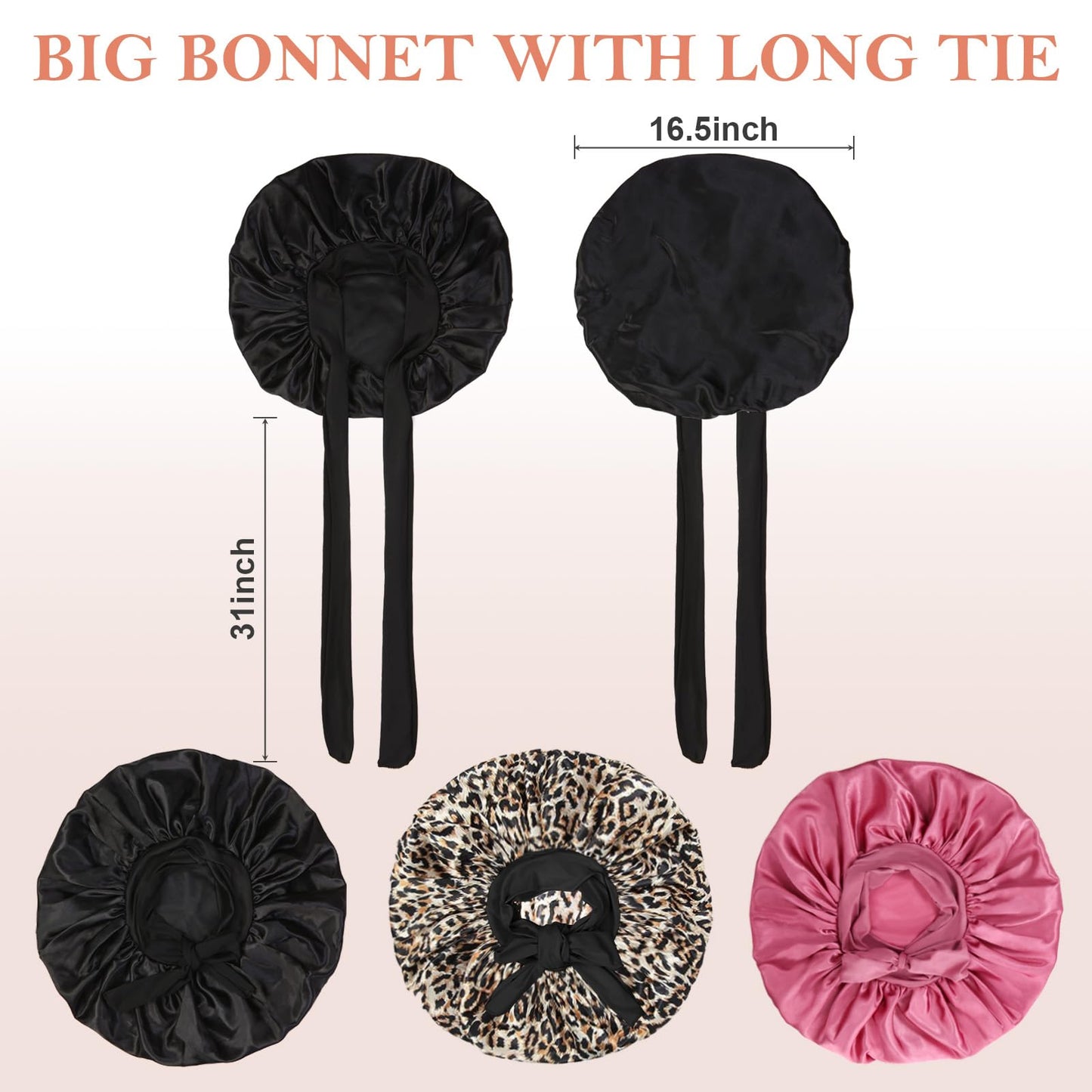 3Pcs Silk Bonnet for Sleeping, Satin Hair Bonnets for Black Curly Hair Women Jumbo Bonnet with Tie Band Braids (Black Leopard Rose-pink)