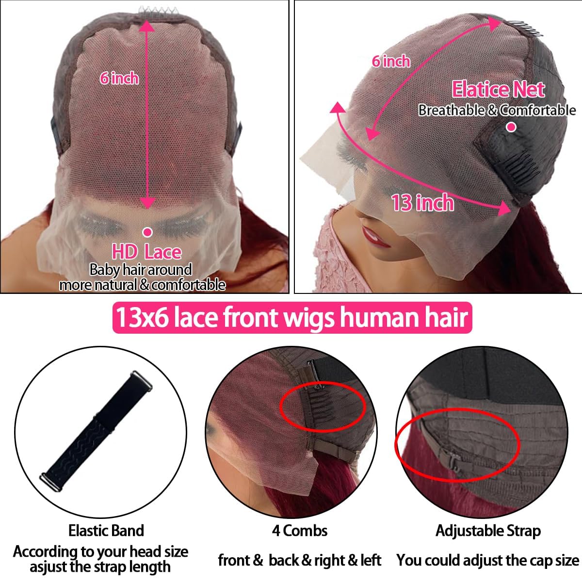 tobasew 200 Density Burgundy Straight Lace Front Wigs Human Hair 99J 13x6 HD Lace Frontal Red Wigs Pre Plucked With Baby Hair