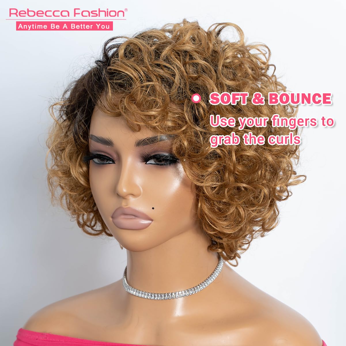 Rebecca Fashion Short Curly Human Hair Wigs for Black Women Cute Curly Bob Wig Side Part Brazilian Remy Non Lace Glueless Wigs Natural Looking Ombre Dark Brown to Honey Blonde Color