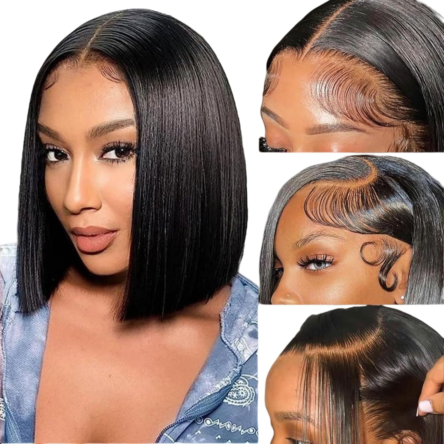 YFOXI Bob Wig Human Hair 13x4 HD Straight Lace Front Wigs Human Hair For Black Women Glueless Lace Frontal Wigs Human Hair Pre Plucked Natural Hairline Short Glueless Bob Wig（12 Inch）