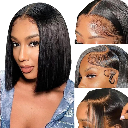 YFOXI Bob Wig Human Hair 13x4 HD Straight Lace Front Wigs Human Hair For Black Women Glueless Lace Frontal Wigs Human Hair Pre Plucked Natural Hairline Short Glueless Bob Wig（12 Inch）
