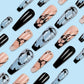 Press on Nails Long Coffin Fake Nails Black Blue Marble Glue on Nails Press on False Nails Glossy Acrylic Ballet Nails Full Cover Reusable Stick on Nails for Women Summer Nails Art Decorations 24PCS