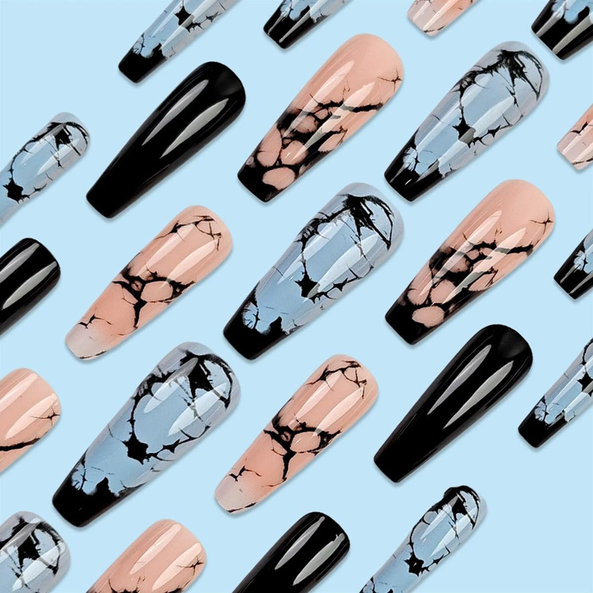 Press on Nails Long Coffin Fake Nails Black Blue Marble Glue on Nails Press on False Nails Glossy Acrylic Ballet Nails Full Cover Reusable Stick on Nails for Women Summer Nails Art Decorations 24PCS