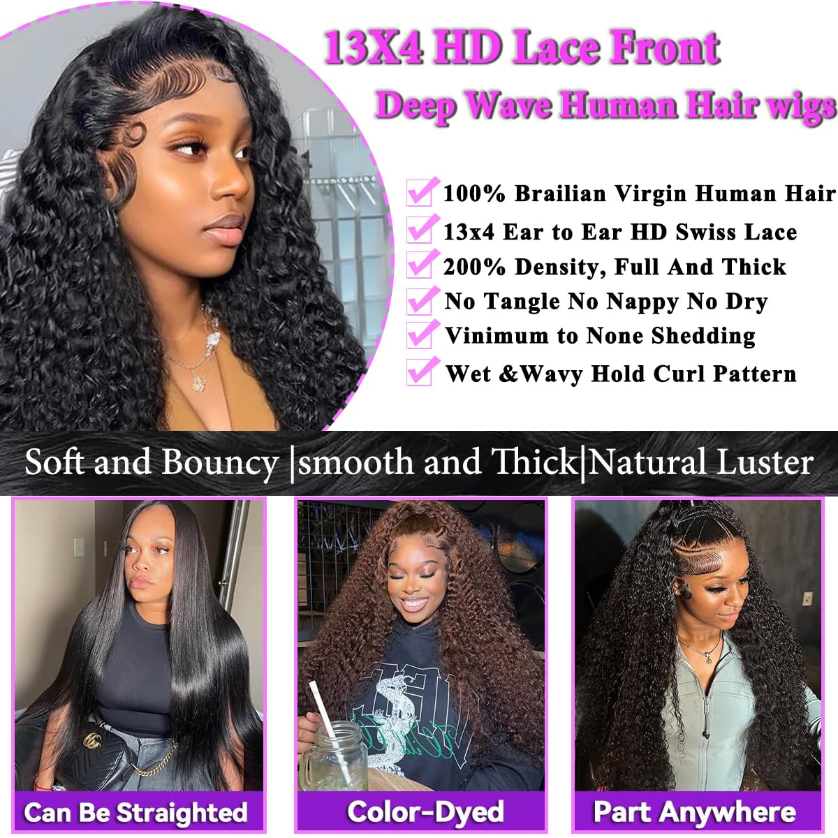 Rozilo Aomllute 13x4 Deep Wave Lace Front Wigs Human Hair Pre Plucked 200 Density HD Transparent Lace Front Wigs Human Hair with Baby Hair Deep Curly Wigs Human Hair For Women 22inch