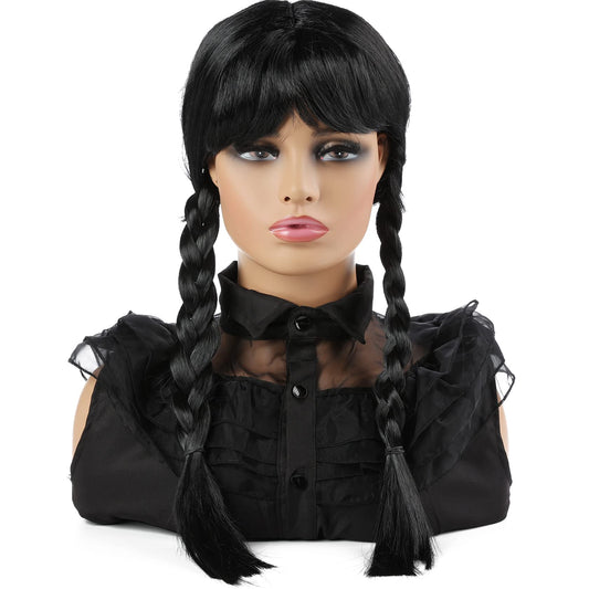 WanBigVa Long Black Braided Wig with Bang for Kids Girls Gothic Party Cosplay Hair for Halloween Costume Dress-up