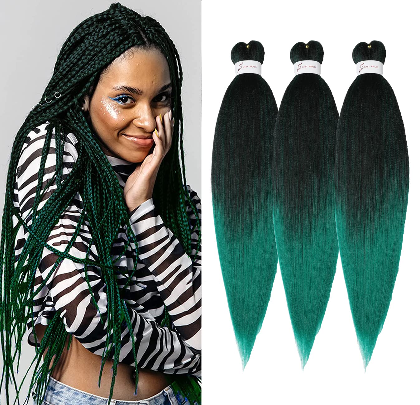 Braiding Hair Pre Stretched 24 inch 3 Packs Ombre Black to Green Professional Soft Yaki Texture,No Itch, Hot Water Setting Hair Extensions for Braids (24in,1B/Green)