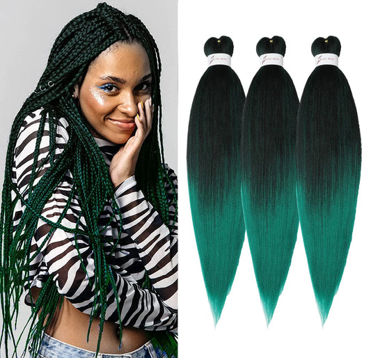 Braiding Hair Pre Stretched 24 inch 3 Packs Ombre Black to Green Professional Soft Yaki Texture,No Itch, Hot Water Setting Hair Extensions for Braids (24in,1B/Green)