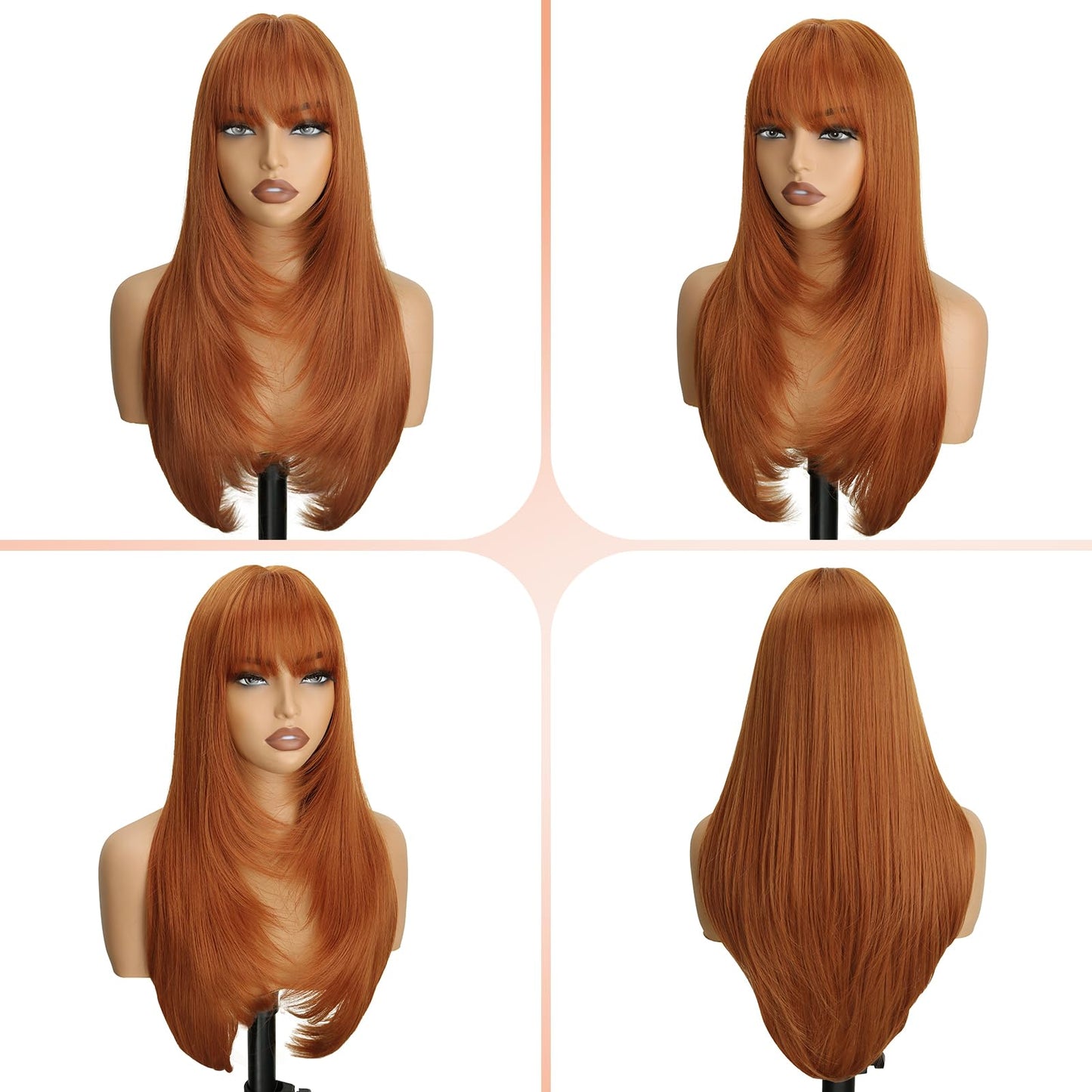 NOVFLKW Ginger Wig with Bangs for Women Long Straight Layered Hairstyle Put on Go Realistic Synthetic Heat Resistant Natural Wig for Girls Party Cosplay and Daily Use 26 inch
