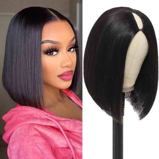 Atikual V Part Wig Human Hair For Black Women 12Inch Short Bob Straight Glueless Wigs Brazilian Remy Human Hair Clip in Half Natural Black