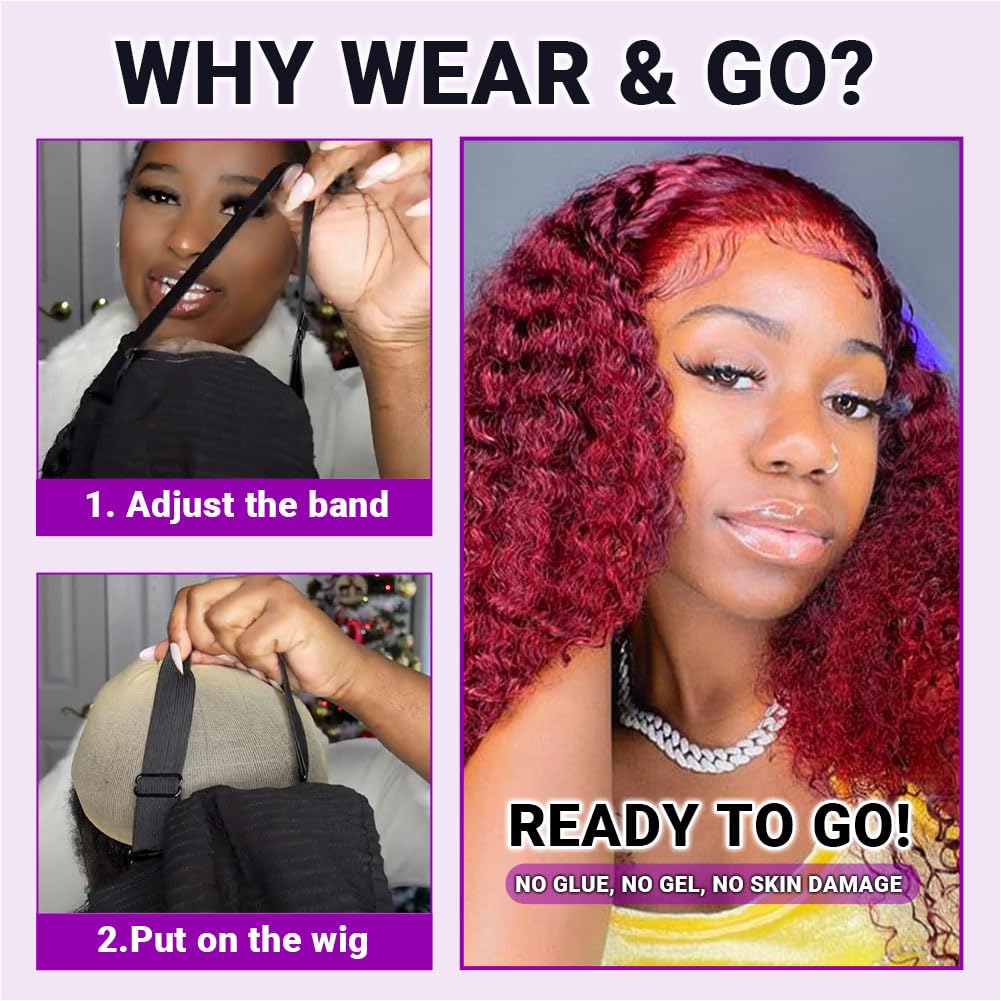 UCUVIC Wear And Go Glueless Wigs Human Hair Pre Plucked Pre Cut 5x5 Deep Wave Curly Bob Wig Human Hair Lace Front Closure Wigs For Black Women 200Density Wig Glueless Wear And Go Burgundy 16 Inch