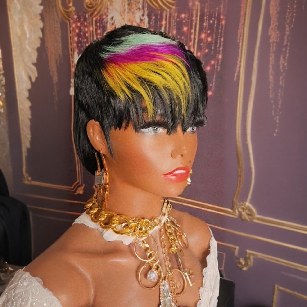 QiaQiaRing Mullet Wigs for Black Women Chic Elegent Mullet Pixie Cut Wigs for Daily Use Short Layered Pixie Bob Human Hair With Bangs Brazilian Virgin Straight Bob Human Hair (1b/purple/blue)