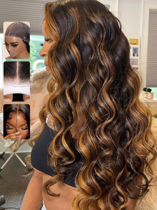Sunber Ombre Brown Body Wave Human Hair Glueless Highlight Balayage Wigs Pre Cut 7x5 HD Lace Front with Elastic Drawstring 180% Density Put On and Go Pre Plucked Pre Bleached Invisible Knots 18Inch