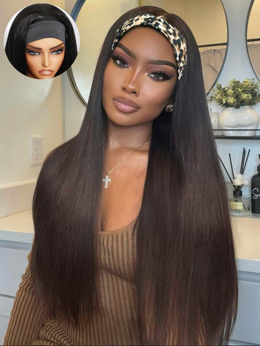 KLAIYI Ombre Brown Yaki Straight Headband Wig Human Hair Glueless Wear and Go Wig with Dark Roots Drawstring Chestnut Kinky Clip In Half Wigs for Black Women No Lace No Glue 30S Ready to Wear 26Inch